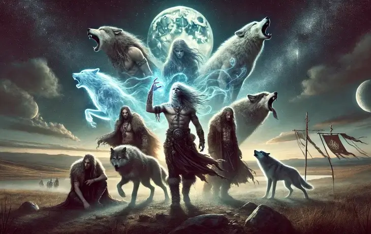 Dolunay altında kurt ruhuna bürünen savaşçıların tasviri, Türk mitolojisinde börüleşen insanların sembolik anlatımı